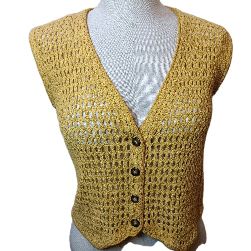 THE LIMITED Vintage CROCHET Mustard Yellow Sweater Vest 90s Y2K Sz Large L 💛